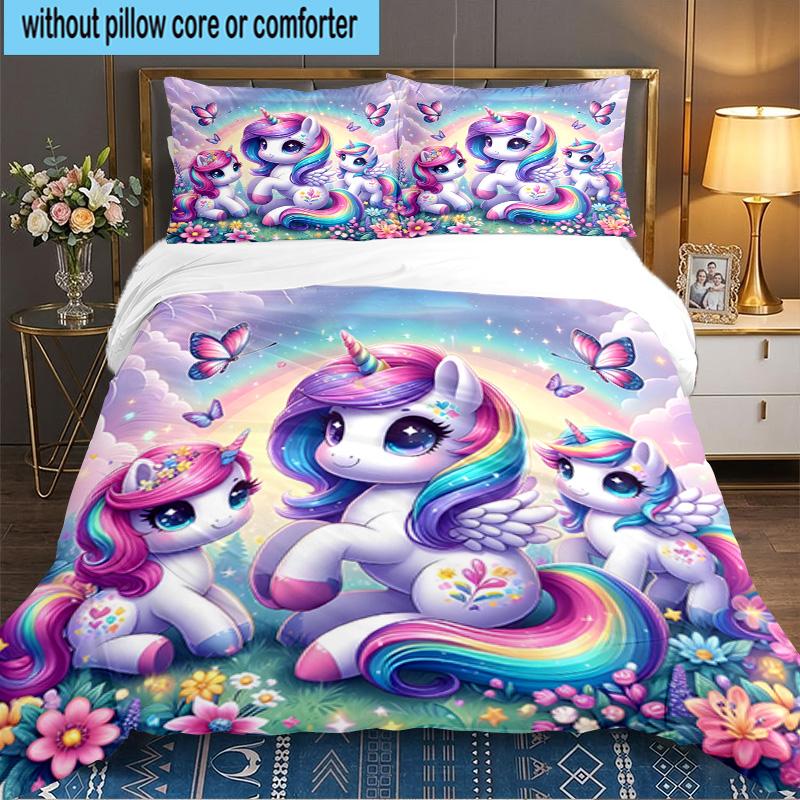 Rainbow Unicorns Garden 3PCS Bedding set,Ideal for 1pc Duvet Cover And 2pcs Pillowcases Perfect for Fan gift,Ideal for Bedroom, Dormitory