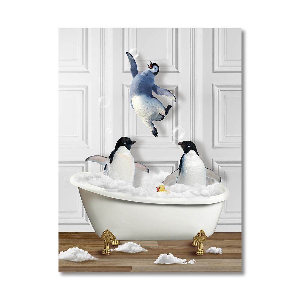 Забавные животные Настенное искусство Постеры Принты Купающийся жираф Пингвин Слон Зебра Холст Живопись Картина для Ванной Комнаты Комнаты Домашний Декор