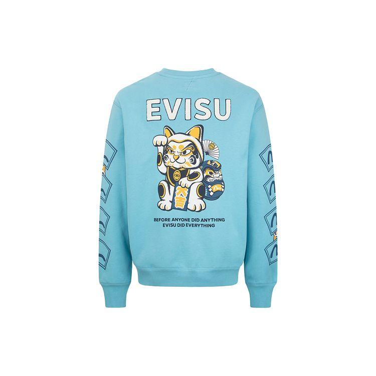 Evisu Мультяшный Счастливый Кот и Дарума Принт Приталенная Толстовка Мужская толстовка Молочно-Белый Синий 2EAHTM2SW345RXCTMKBU