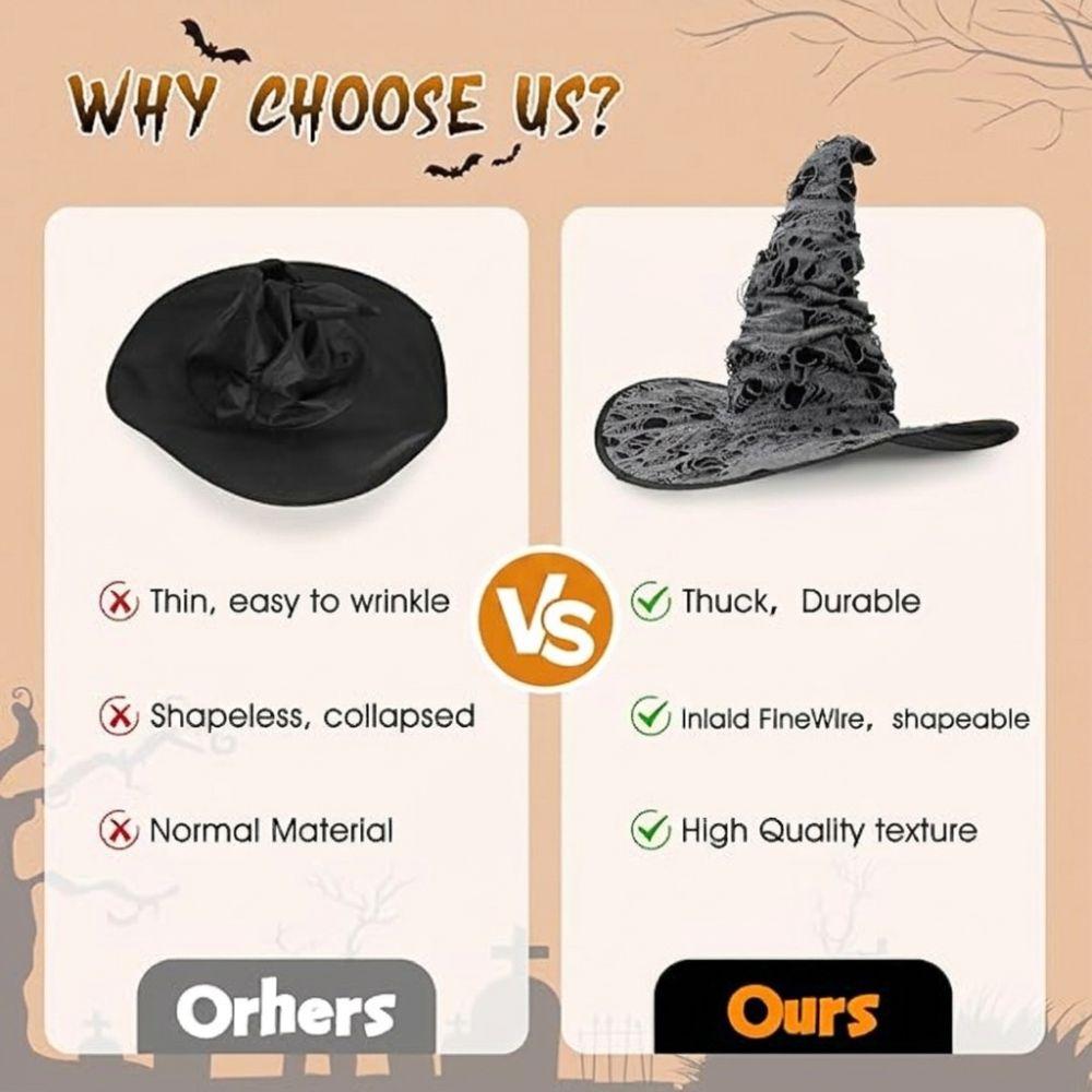 Tall Pointed Cone Top Halloween Wizard Hat Gothic Cosplay Witch Cap  Role Play