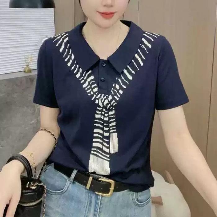 Lapel Short-sleeved T-shirt for Women In Summer New Scarf Printed Temperament Versatile Slim Lapel Top
