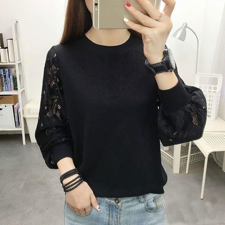 Pullover 2023 Spring and Autumn Underlay Sweater Women Lace Long Sleeve Spliced Round Neck Hollow Loose Sweater Pullover Top