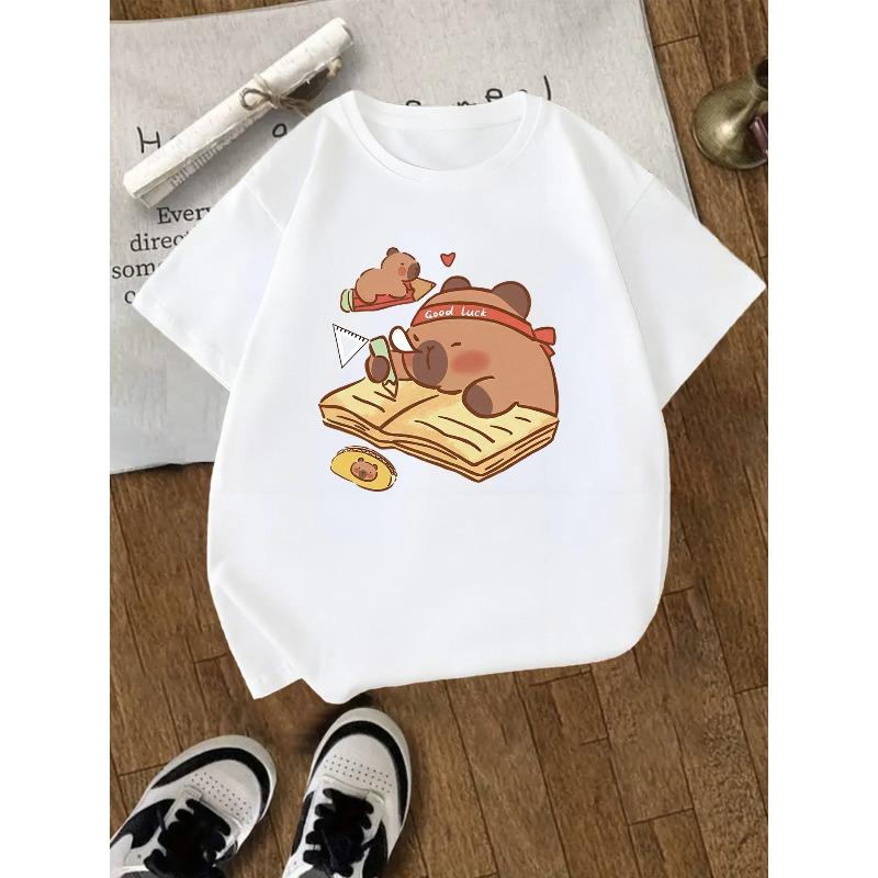 Kids Crewneck Short Sleeve Tee, Capybara Pufferfish Print Sports Casual Top