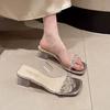 2025 Summer Crystal Rhinestone Dress Slippers - Temperament Fairy Style with Chunky Heels and Transparent Outer