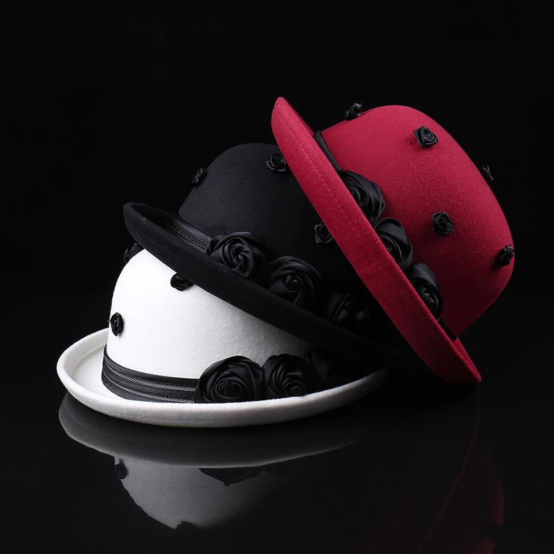 Dome crimped felt top hat rose decoration women's autumn and winter woolen warm basin hat short brim fashionable and versatile