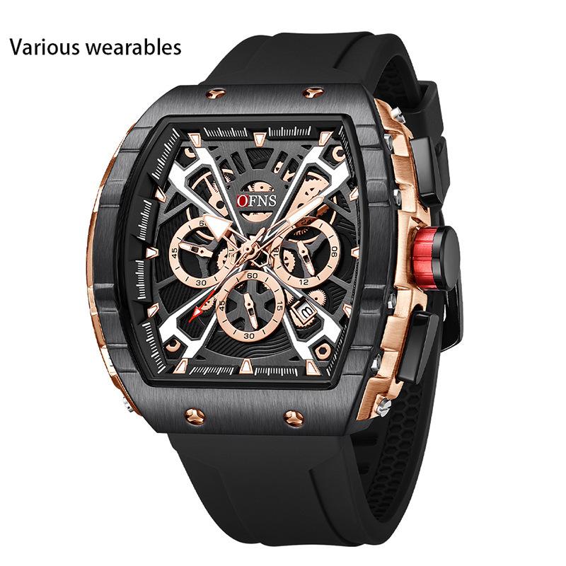 Quartz Watch Trendy Barrel-shaped Men's Watch Three-eye Six-pin Multi-function Quartz Watch Calendar Fashion Watch