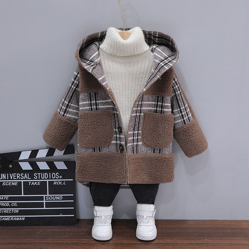 Шерстяное пальто для мальчиков с зимней флисовой клеткой, детское хлопковое пальто, повседневное шерстяное пальто для детей 6-12 лет