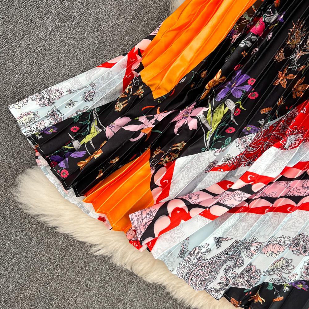 Летняя тонкая юбка средней длины выше колена с высокой талией и принтом, плиссированная юбка-трапеция с эластичной резинкой на талии, распашная юбка