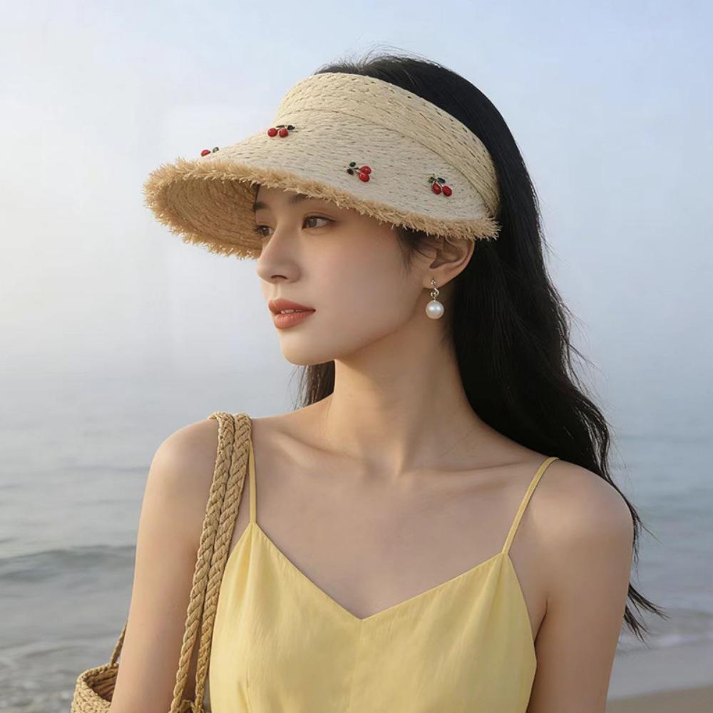 Dopamine Cherry Strawberry Sun Hat Beige Khaki Sunscreen Open-crown Straw Hat Breathable Headband-style Sunshade Cap Vacation