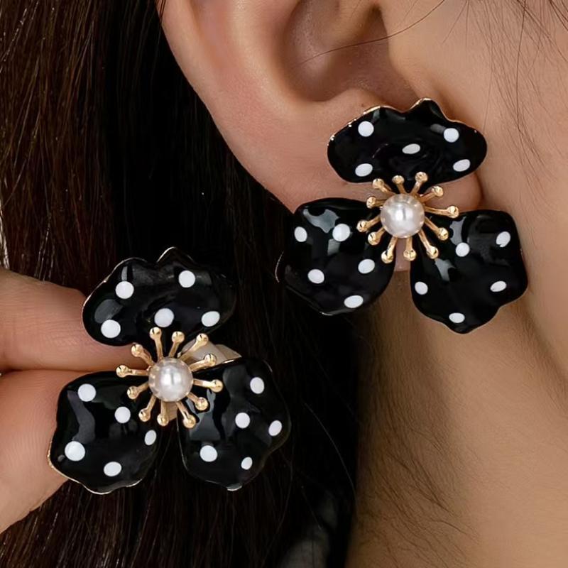 Faux Pearl Accent Flower Stud Earrings Black Polka Dot Gold Tone Edging Perfect BFF Gift for Female Friends
