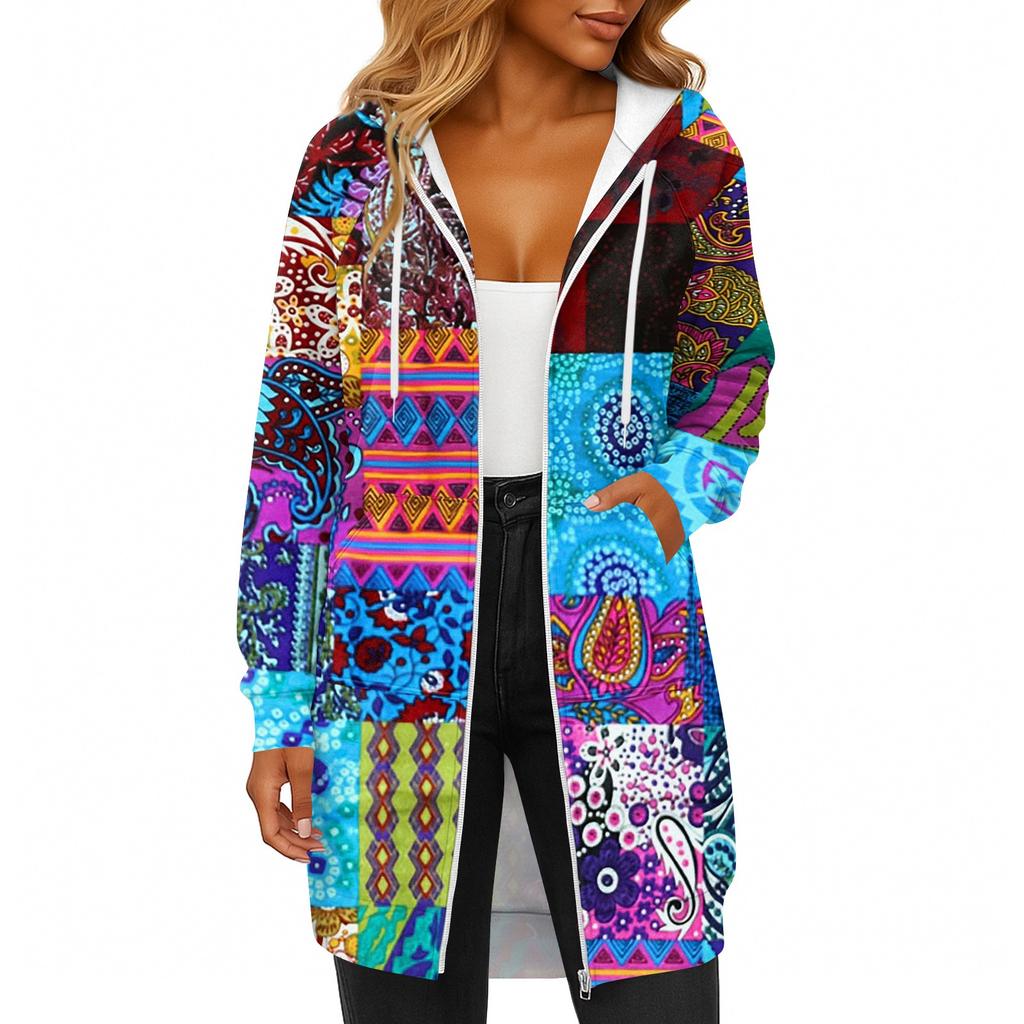 Women's Fashionable Printed Long Sleeved Drawstring Hooded Zipper Pocket Long Casual Sweatshirt Jacket