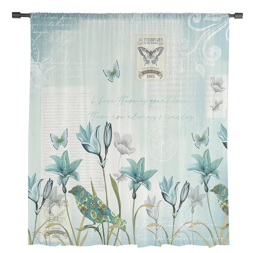 Rustic Vintage Tulip Flower Bird Sheer Voile Window Curtains Tulle Curtains Living Room Balcony Decoration Drapes