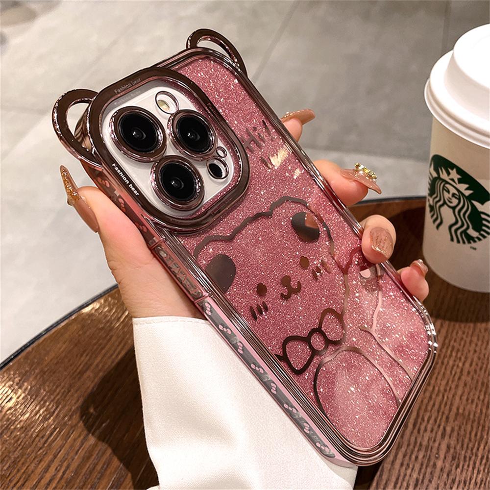 Cute 3d Cartoon Plating Bear Ear Glitter Transparent Case For Iphone 14 Pro Max 13 12 11 X Xs 8 7 Plus Armor Soft Silicone Cover