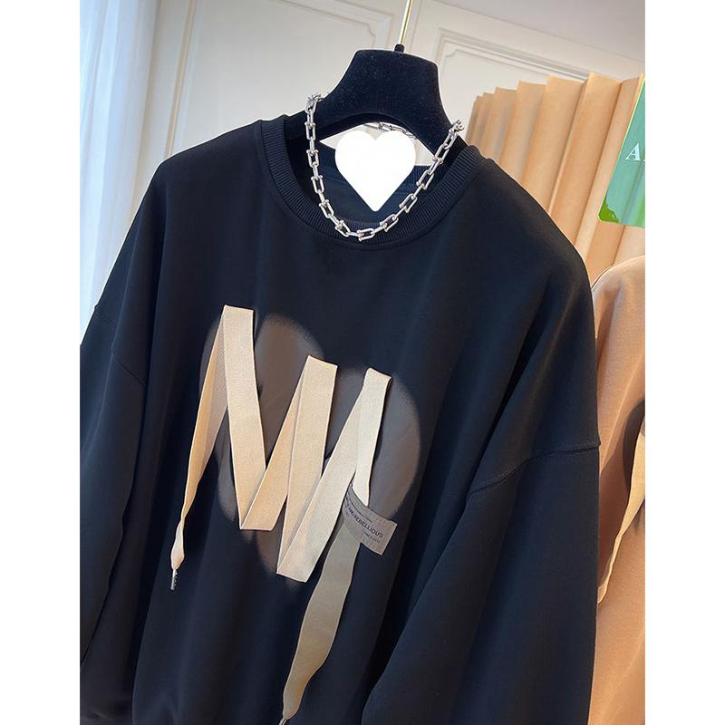 Женская толстовка модная лента свободный повседневный топ с круглым вырезом плюс размер пуловер