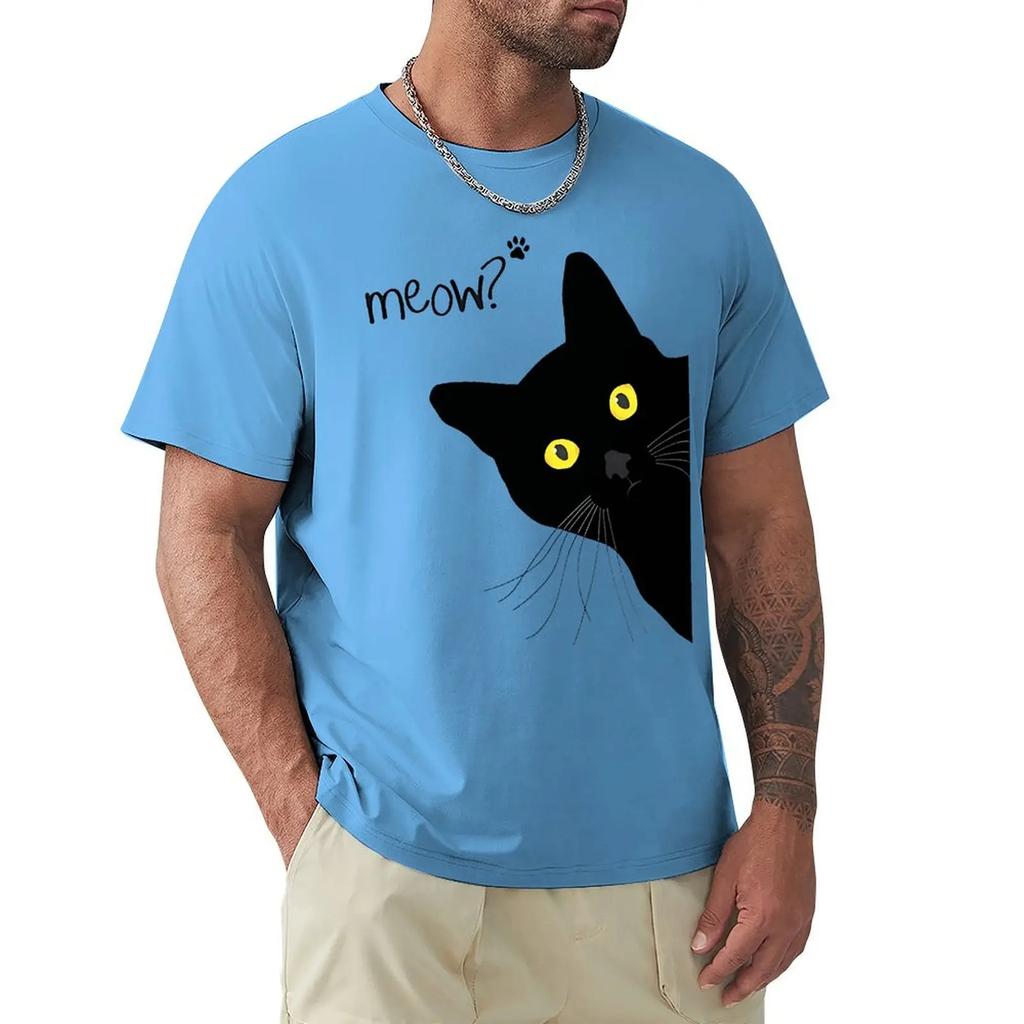 Мужские футболки с забавным принтом «Мяу, черный кот», дышащая футболка, летняя уличная одежда, топы, свободные хлопковые топы большого размера с коротким рукавом