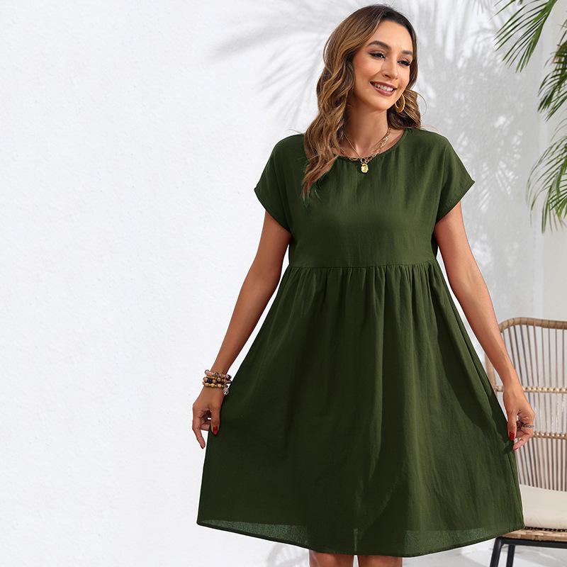 Fashion Summer Round Neck A-line Loose Dress Women Elegant Slim Fit Pockets Temperament Casual Dresses Woman Simple Vintage Slim Female Dress 26482
