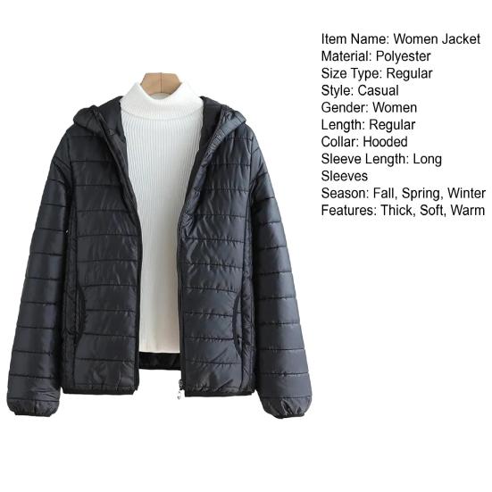 Fall Winter Women Jacket Thick Padded Warm Windproof Soft Zipper Closure Loose Cardigan Hooded Long Sleeve Lady Down Coat