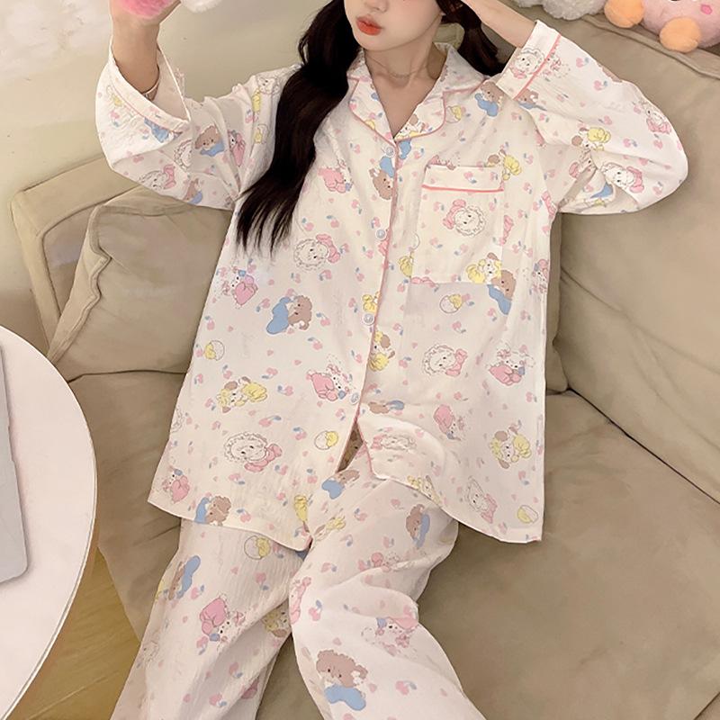 Milk Huhu Cute Cartoon Printed Pajamas Women'S Autumn Long-Sleeved Suit Loose Loungewear Can Be Worn Outside