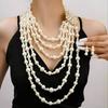 Exaggerated Multi-Layer Imitation Pearl Necklace Earrings Set With Diamonds And Flowers Gorgeous Sweater Chain For Women