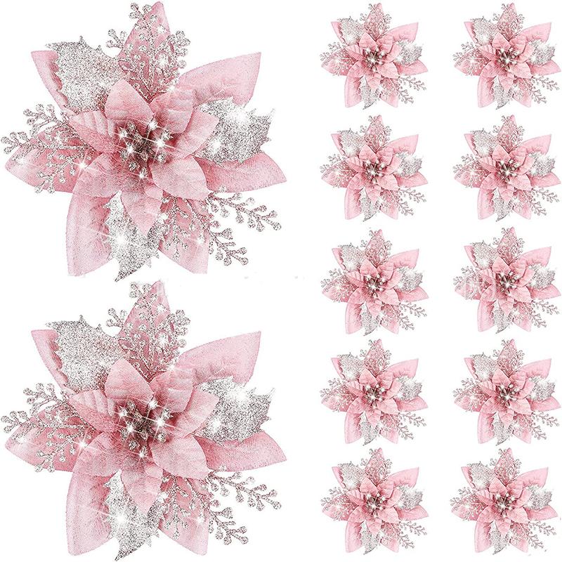 Glitter Pink Christmas Flowers Xmas Tree 14cm Artifical Flower Ornaments 2023 Merry Christmas Decoration For Home New Year 7