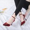 Мода 2024 года, летняя новая верхняя одежда, однотонная модная обувь с заостренным носком и плоским ремешком на пуговицах, женская обувь на высоком каблуке, женская обувь для банкета