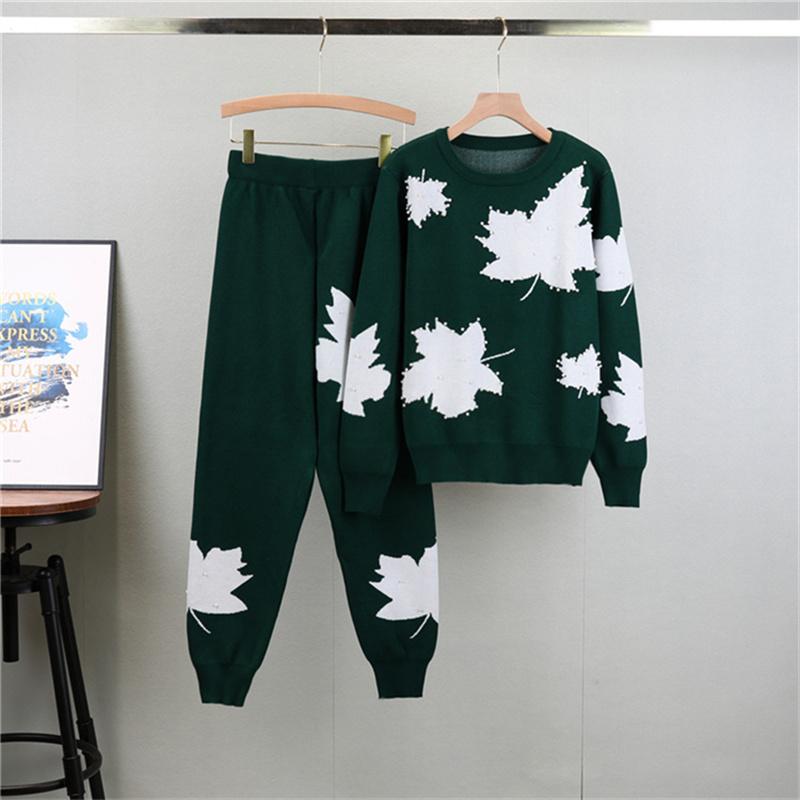 Осенний Модный Лист Ногтевой Жемчуг Вязаный Комплект для Женщин Повседневный Свитер Спортивный Костюм Двойка