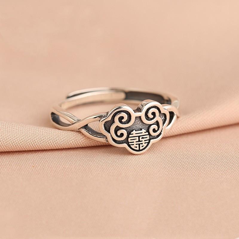Adjustable Open Ring Women Men Vintage Chinese Style Motif Plated Copper Finger
