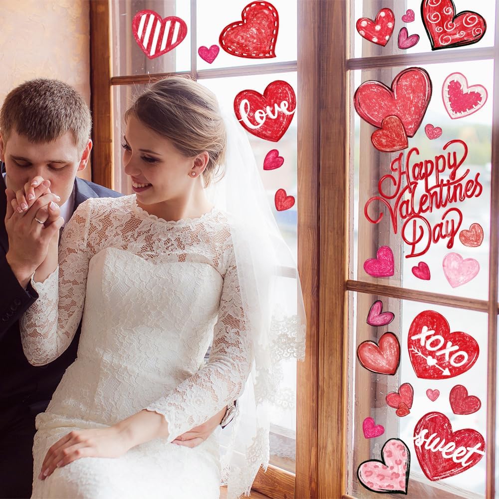 DIYDEC 6 Sheets Valentines Window Cling Double-Sided Pink Red Love Heart Window Stickers Happy Valentines Window Decals for Home Wedding Anniversary