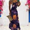 Women Plus Size Scoop Neck Strappy Sleeveless Halloween Pumpkin Printed A Line Maxi Dress