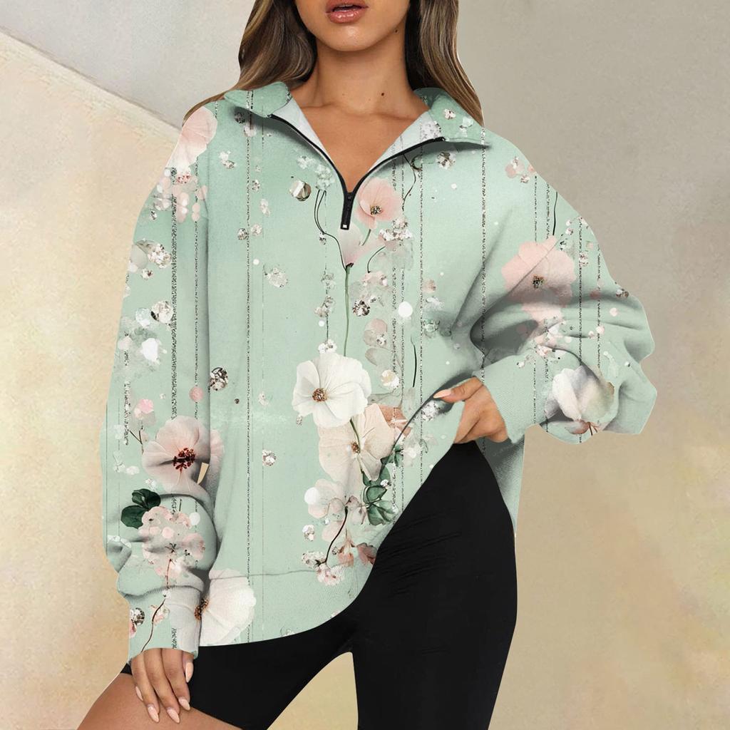 Женская мода повседневная толстовка с длинным рукавом и принтом на молнии с высоким воротом и заниженными плечами