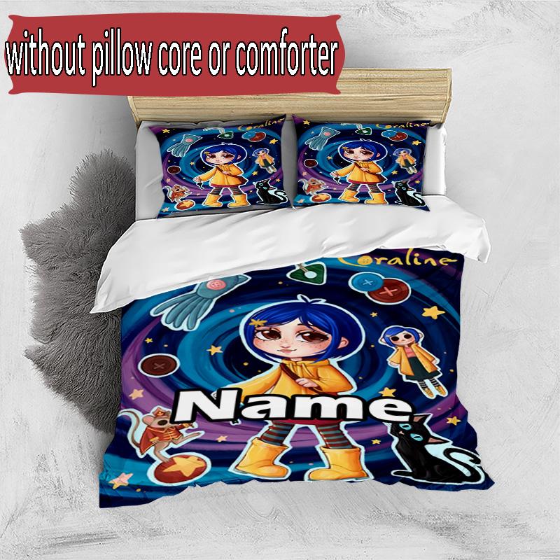 3pcs Duvet Cover Set (1*Duvet Cover + 2*Pillowcase, Without Core), Custom Name Coraline Pattern Bedding Set, Home Bedroom Decor Gift