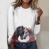 Tops For Women Oil Painting Horse Print Round Neck Long Sleeve T-shirt Fall Casual Slim Pullover Women's Long Sleeve Top