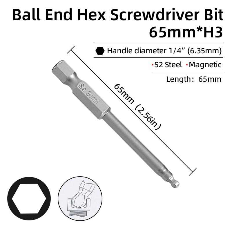 Набор шестигранных отверток с шаровым наконечником, шестигранный ключ, отвертка, сверло с хвостовиком 1/4 дюйма, магнитная сталь S2 65/100 мм, ручные ремонтные инструменты