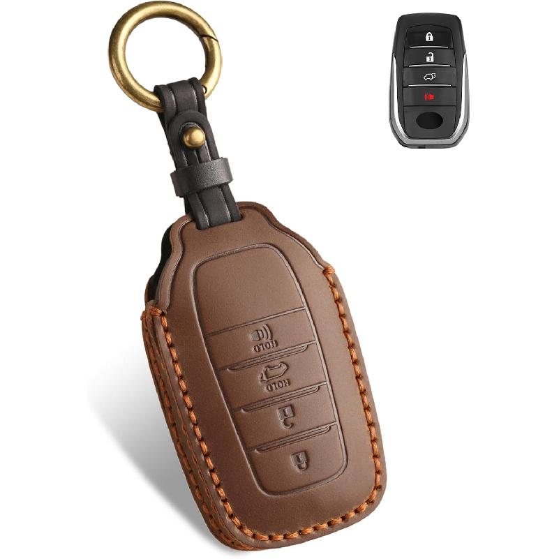 QBUC for Toyota Tundra  Leather Key Fob Cover, 4 Button Key Holder Protector for Toyota -2025 Land Cruiser Venza RAV4 Corolla Sequoia Sienna Crown