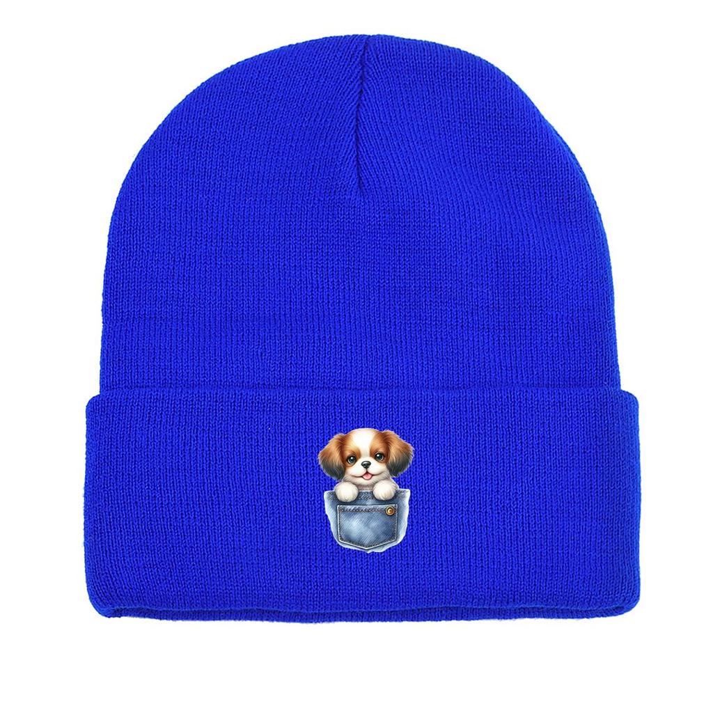 Cartoon Dog Pocket Warm Knitted Cap Beanie, Animal Woman Cap Cozy Candy Color Solid Color Pompom Beanies Knit Hat Beanie