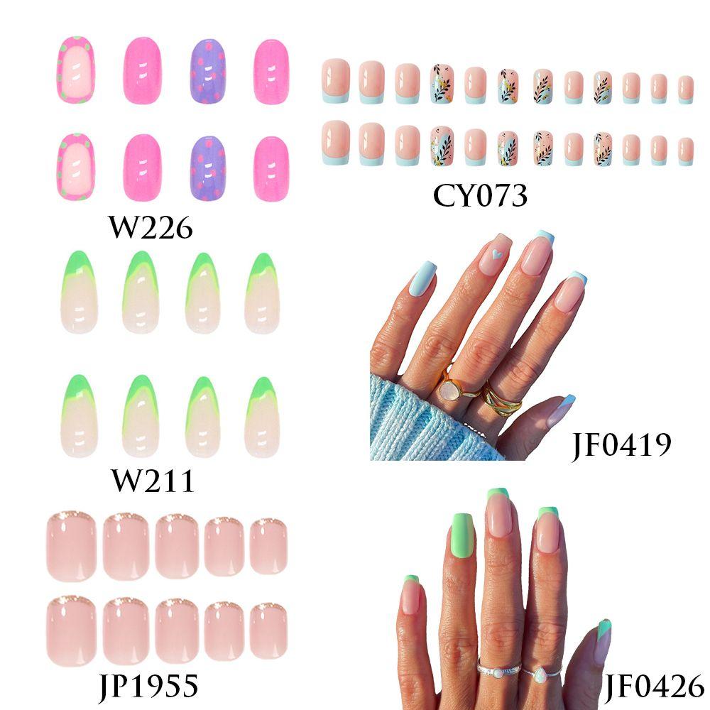 24pcs Nails Art French Blue Maple Leaves Glitter French Edge Fake Nails Full Cover False Nail