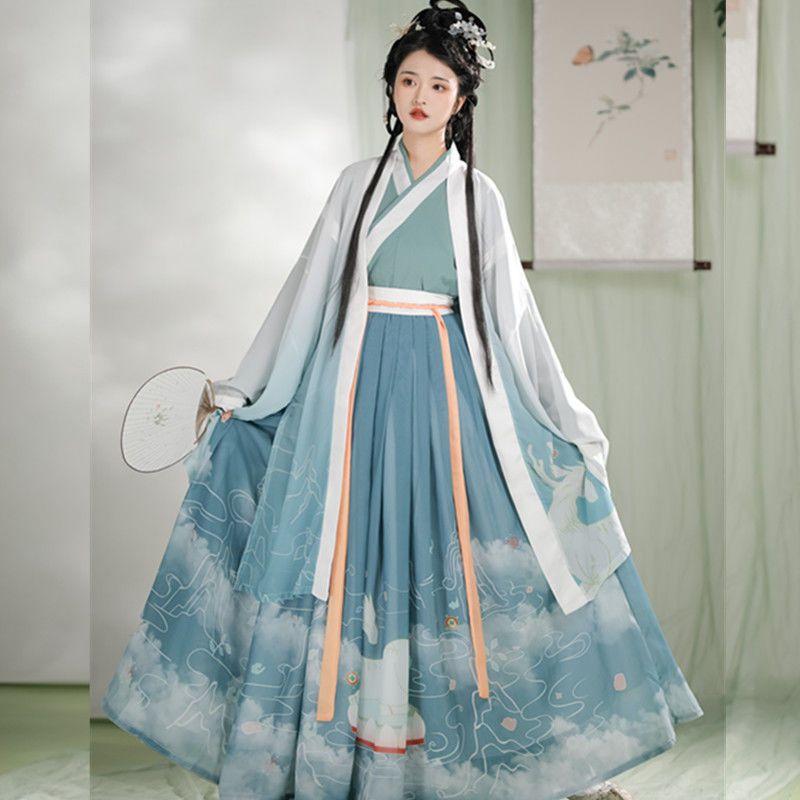 Китайский стиль династии Вэй и Цзинь Ханфу для мужчин и женщин, цельный костюм с юбкой длиной до талии и перекрестным воротником, с перфорацией