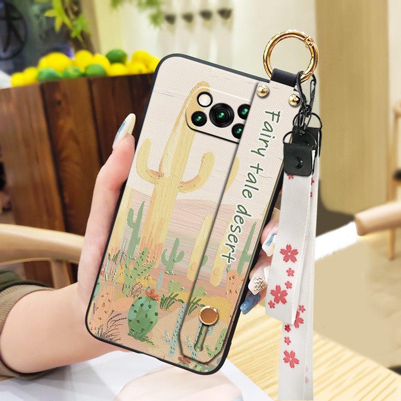 Anti-knock Protective Phone Case For Xiaomi Poco X3 NFC/X3 Pro Durable Oil Painting Phone Holder Wrist Strap Flower Ring