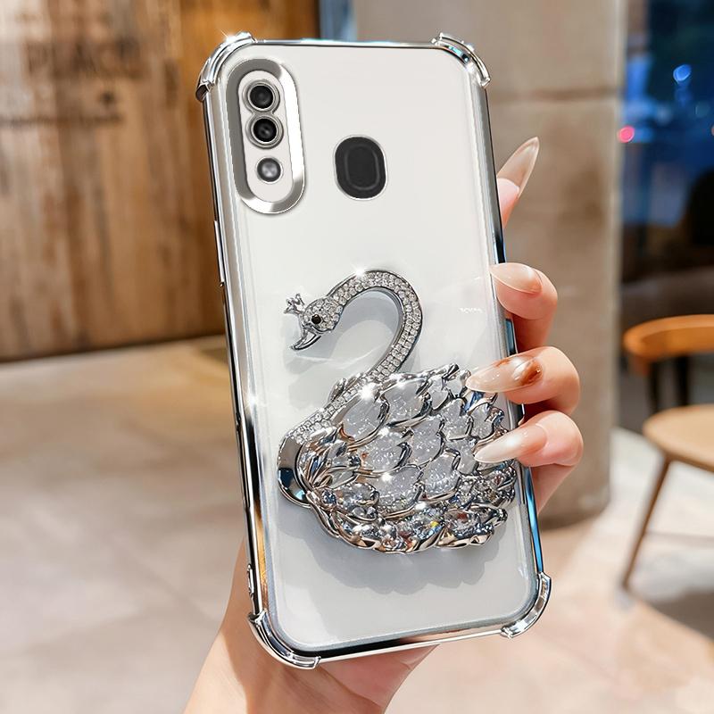 KEYSION Shockproof Plating Phone Case for Samsung A20 Clear Soft TPU Glitter Jewelled Swan Kickstand Cover for Galaxy A30