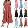 Women's Fashionable Solid Color Bubble Sleeve Square Neck Back Pleated Short Sleeved Pocket Dress