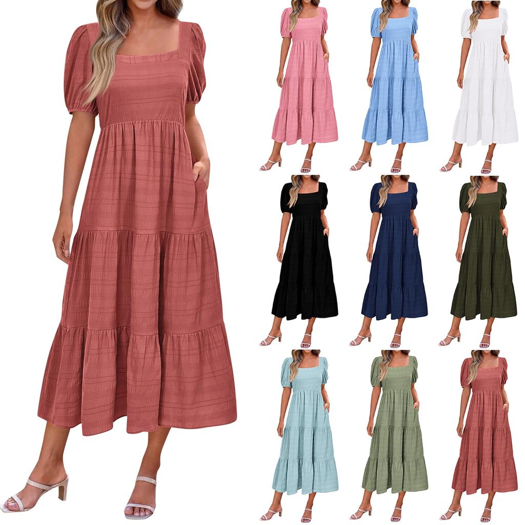 Women's Fashionable Solid Color Bubble Sleeve Square Neck Back Pleated Short Sleeved Pocket Dress
