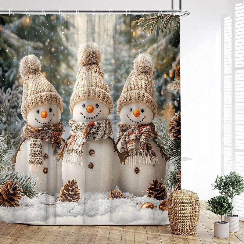 Cute Snowman Shower Curtain Winter Forest Pine Tree Snowflake New Year Christmas Bath Curtains Fabric Bathroom Decor With Hook