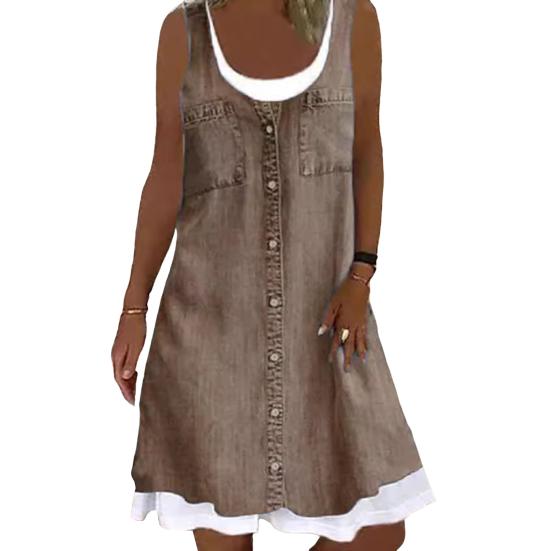 Женское платье без рукавов из двух частей, летнее повседневное платье с круглым вырезом, джинсовый принт, свободное мини-платье А-силуэта