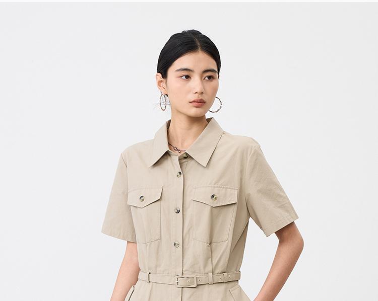 Cotton collar short sleeved shirt dress for women in the summer of 2026, with a waist cinched to show off weight, commuting mid length skirt