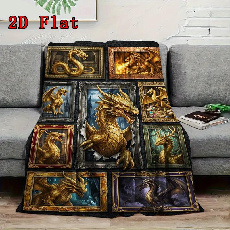 Golden Dragon Compilation 2D Flat Pattern Flannel Blanket, High quality All Seasons, Home Decor, Warmth and Comfort, Perfect for Christmas Gifts.