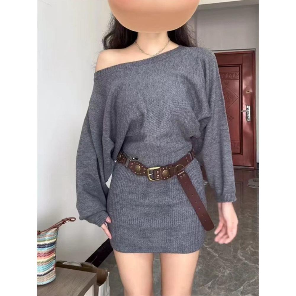 Осеннее женское трикотажное платье для взрослых с вырезом-лодочкой и открытыми плечами, с длинным рукавом, с высокой талией, облегающие мини-платья, вязаные платья