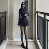 Women's Black Slim Fit Long-Sleeve Puff Skirt Dress with Half-High Collar for Autumn and Winter
