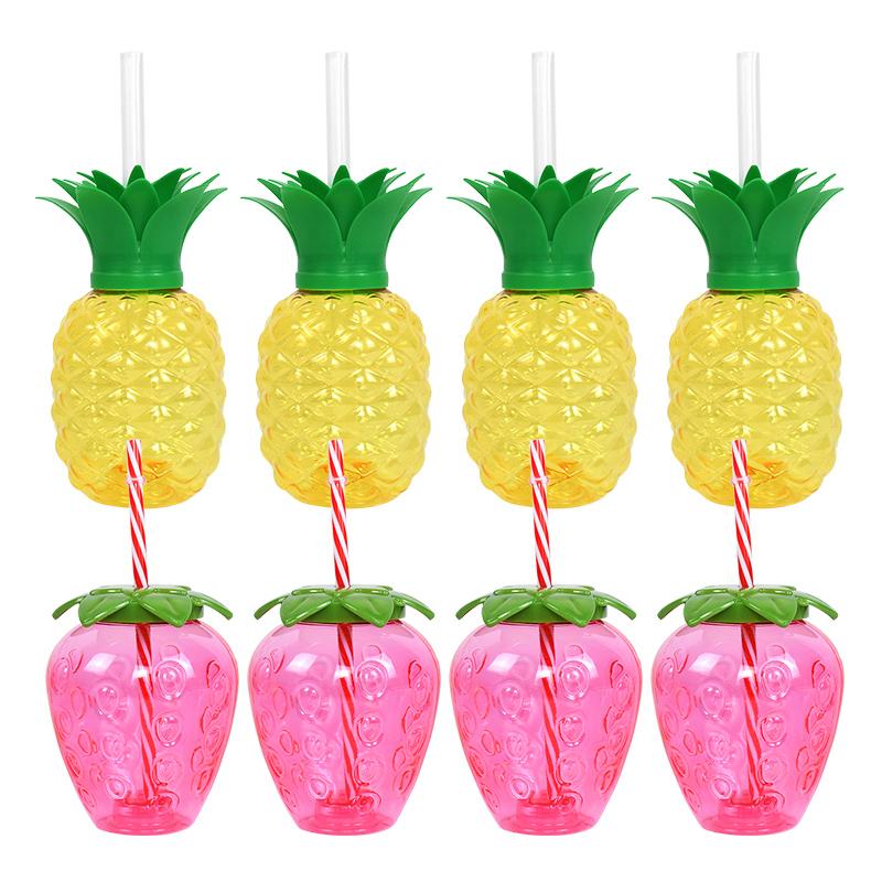 8Pcs Plastic Pineapple Cups with Straw Strawberry Drinking Cup Hawaiian Luau Party Decor Tropical Summer Beach Birthday Supplies