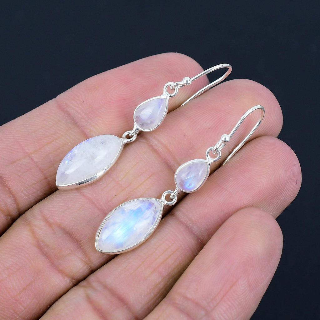 Серьги из натурального радужного лунного камня, серебро 925 пробы, серьги в форме маркизы, висячие серьги ручной работы, ювелирные изделия на День святого Валентина