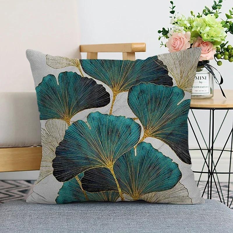 35/40/45CM Ginkgo Biloba Polyester Cushion Cover Waist Pillow Case Black Golden Leaves Living Room Chair Sofa Home Decoration